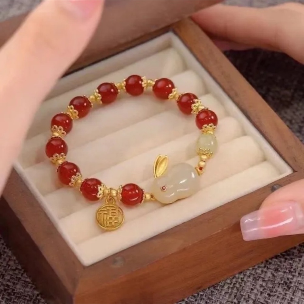 COPY - COPY - Gold Red White Jade Rabbit Bunny Stretch Bracelet - Picture 2 of 6